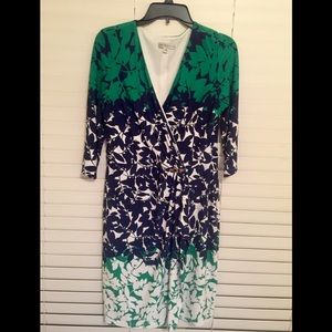 Green/Navy floral wrap-illusion dress